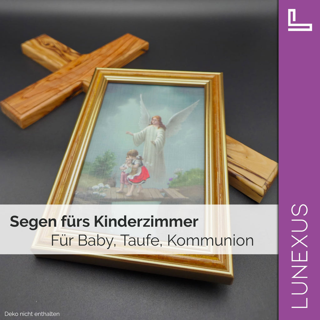 Schutzengelbild 12×17 cm – Motiv „Engel behütet zwei Mädchen auf Brücke“ - LUNEXUS