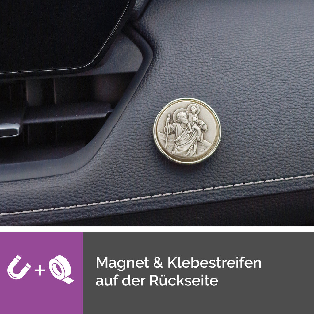 Christophorus Auto Plakette Ø 3,6 cm – gesegnete Medaille mit Magnet & Samtsäckchen