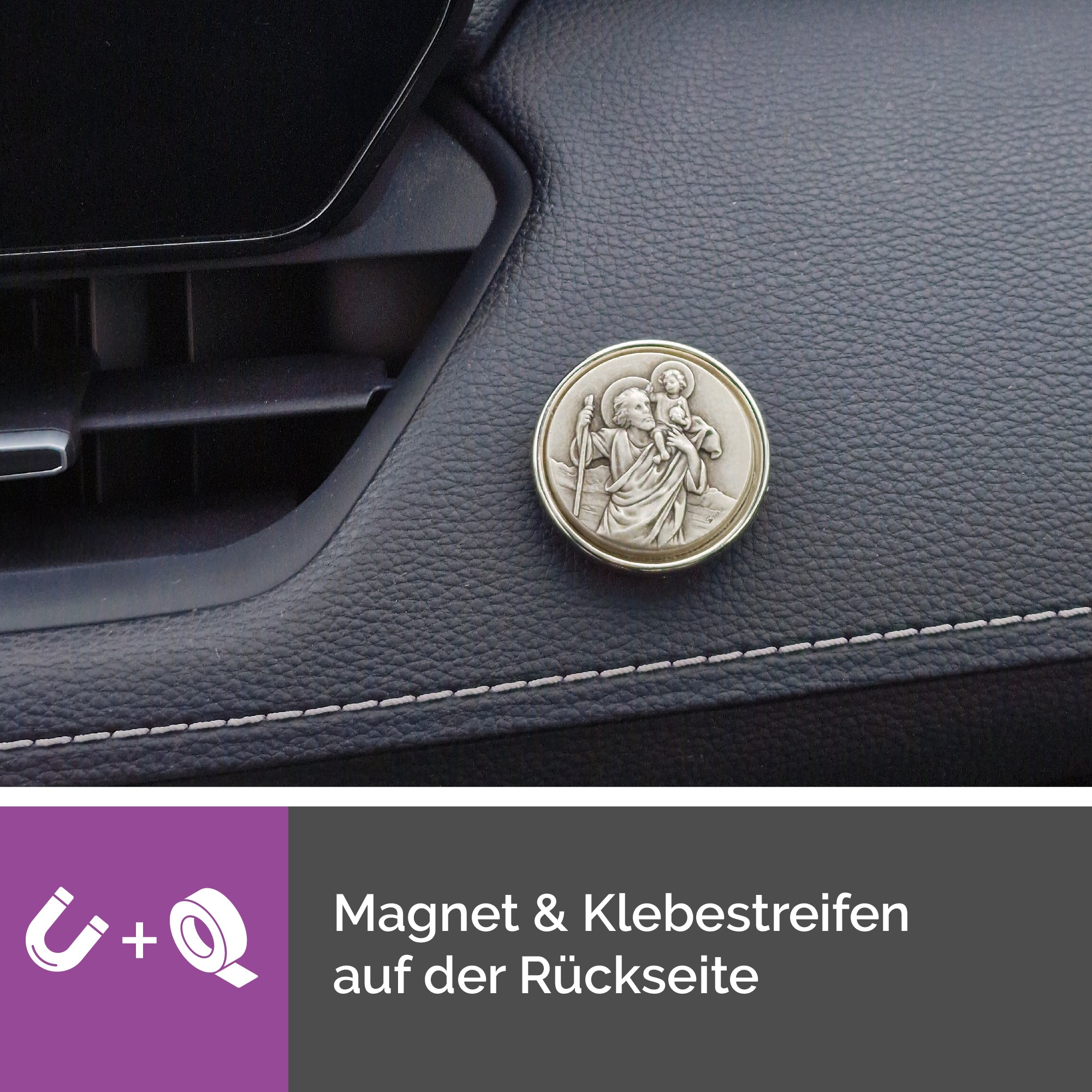 Christophorus Auto Plakette Ø 3,6 cm – gesegnete Medaille mit Magnet & Samtsäckchen