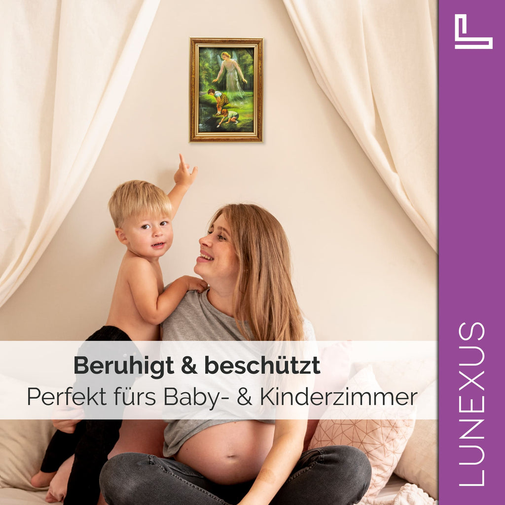 Schutzengelbild 12×17 cm – klassisches Motiv mit Kindern & Bach - LUNEXUS