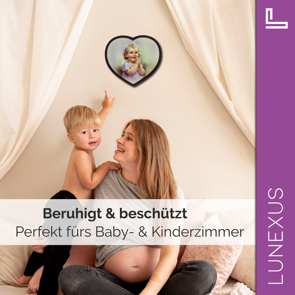 Schutzengelbild Herzform 14×15,5 cm – betendes Kind mit Rosenkranz - LUNEXUS