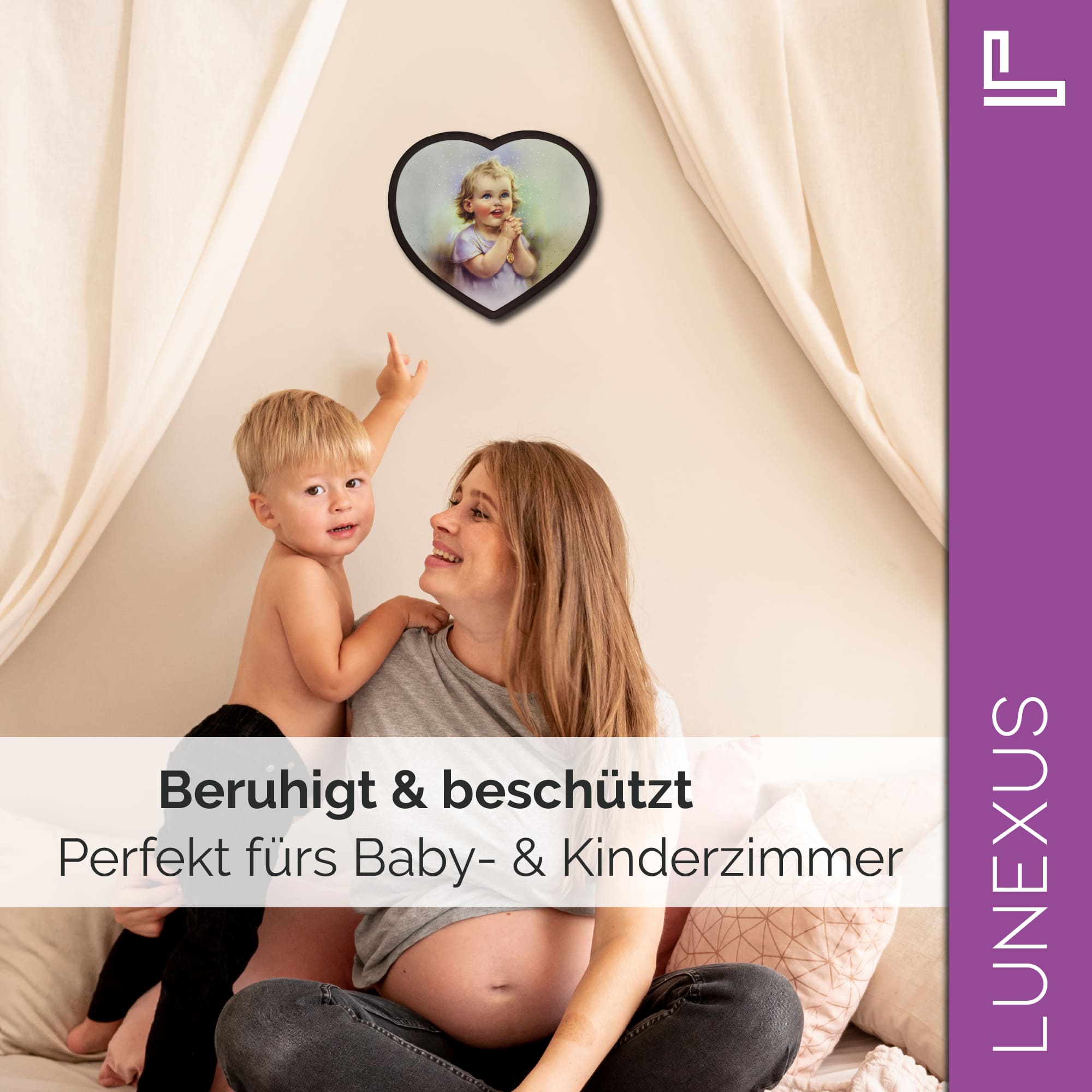 Schutzengelbild Herzform 14×15,5 cm – betendes Kind mit Rosenkranz - LUNEXUS