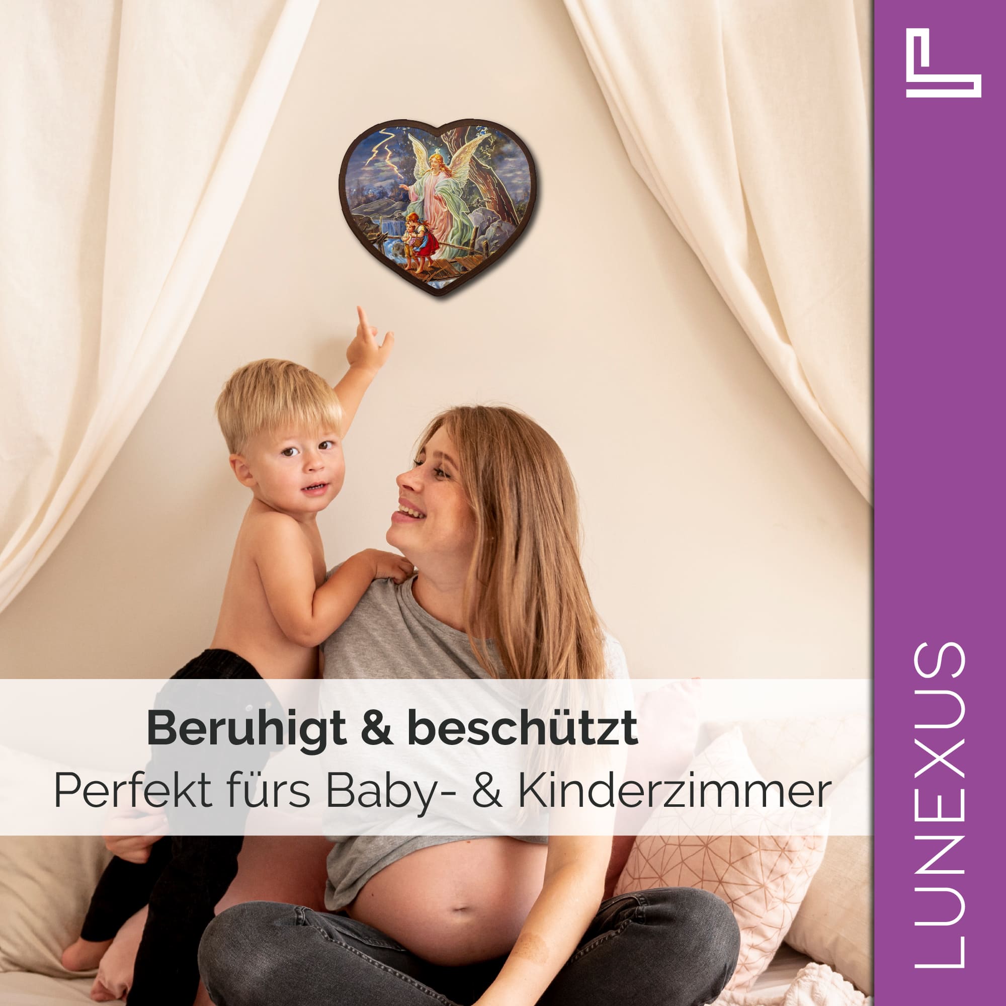 Schutzengelbild Herzform 14×15,5 cm – Engel führt Kinder über Brücke - LUNEXUS