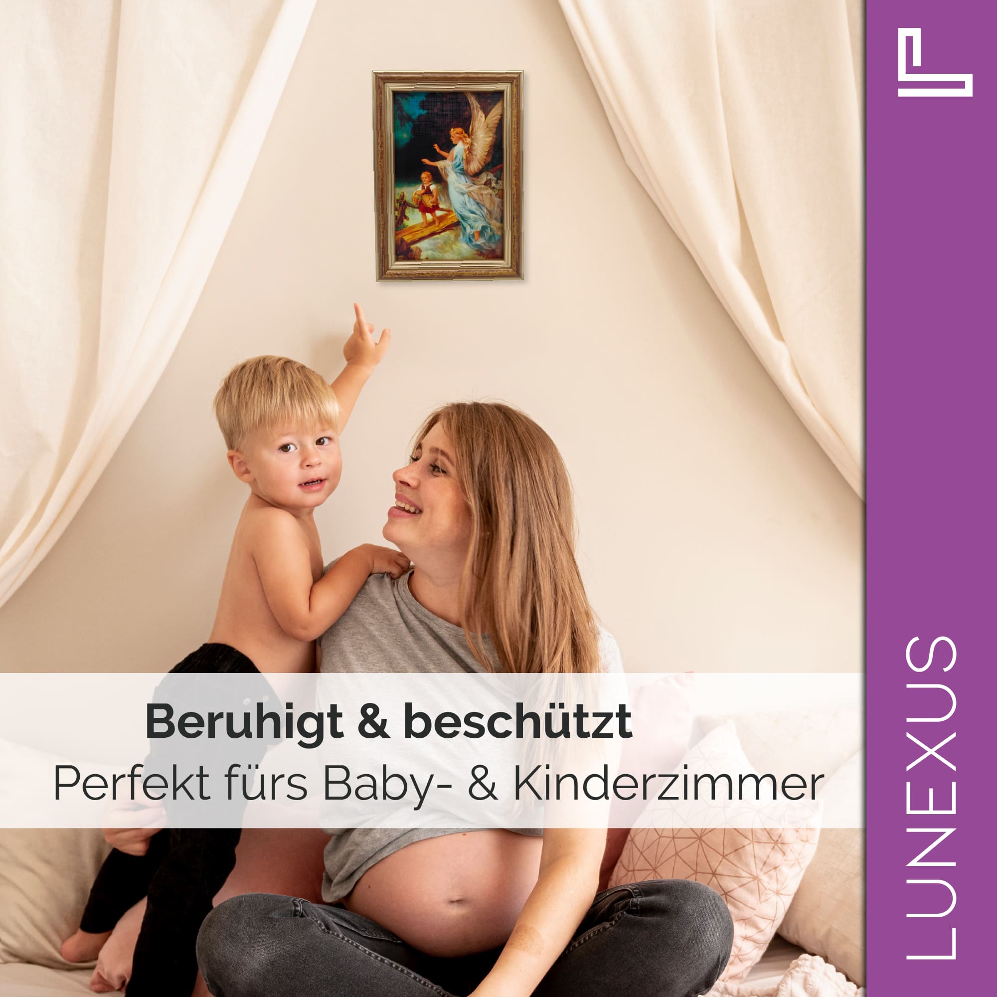 Schutzengelbild 12×17 cm – Motiv „Engel führt Kind über Brücke“ - LUNEXUS