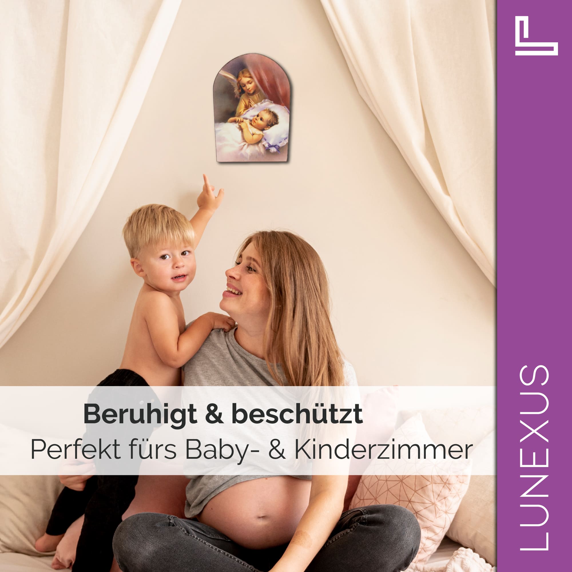 Schutzengelbild 13,5×8,5 cm – Engel wacht über schlafendes Baby - LUNEXUS