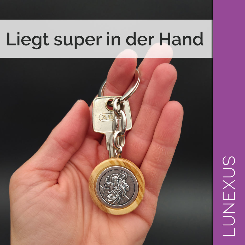 Christopherus Schlüsselanhänger 9 cm – Olivenholz & Silber