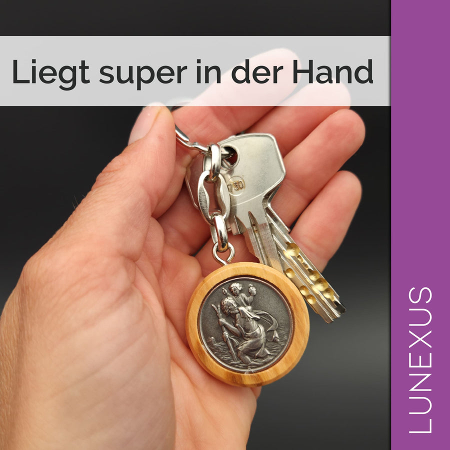 Porte-clés saint Christophe 8,5 cm – bois d'olivier et métal - LUNEXUS
