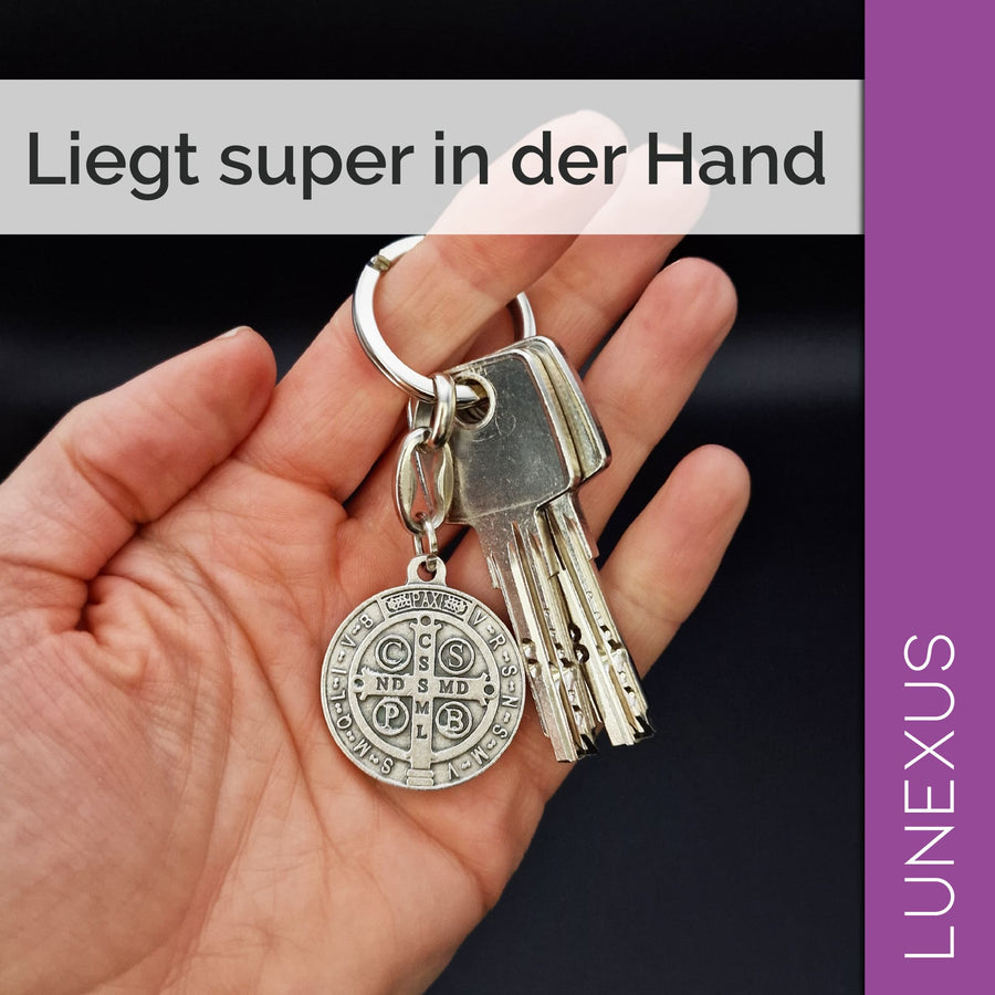 Porte-clés saint Benoît argenté, frappé des deux côtés - LUNEXUS