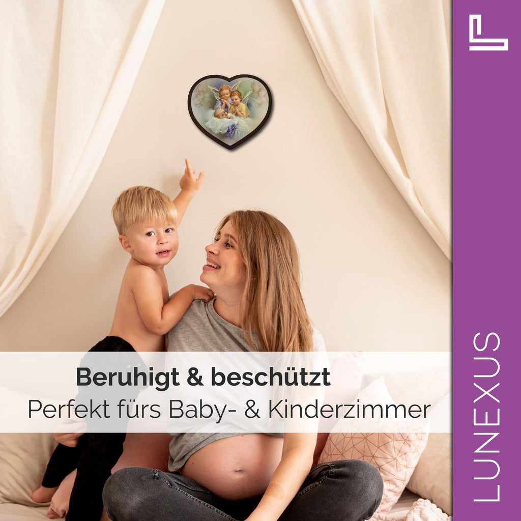 Schutzengelbild Herzform 14×15,5 cm – Zwei Engel über schlafendem Baby - LUNEXUS