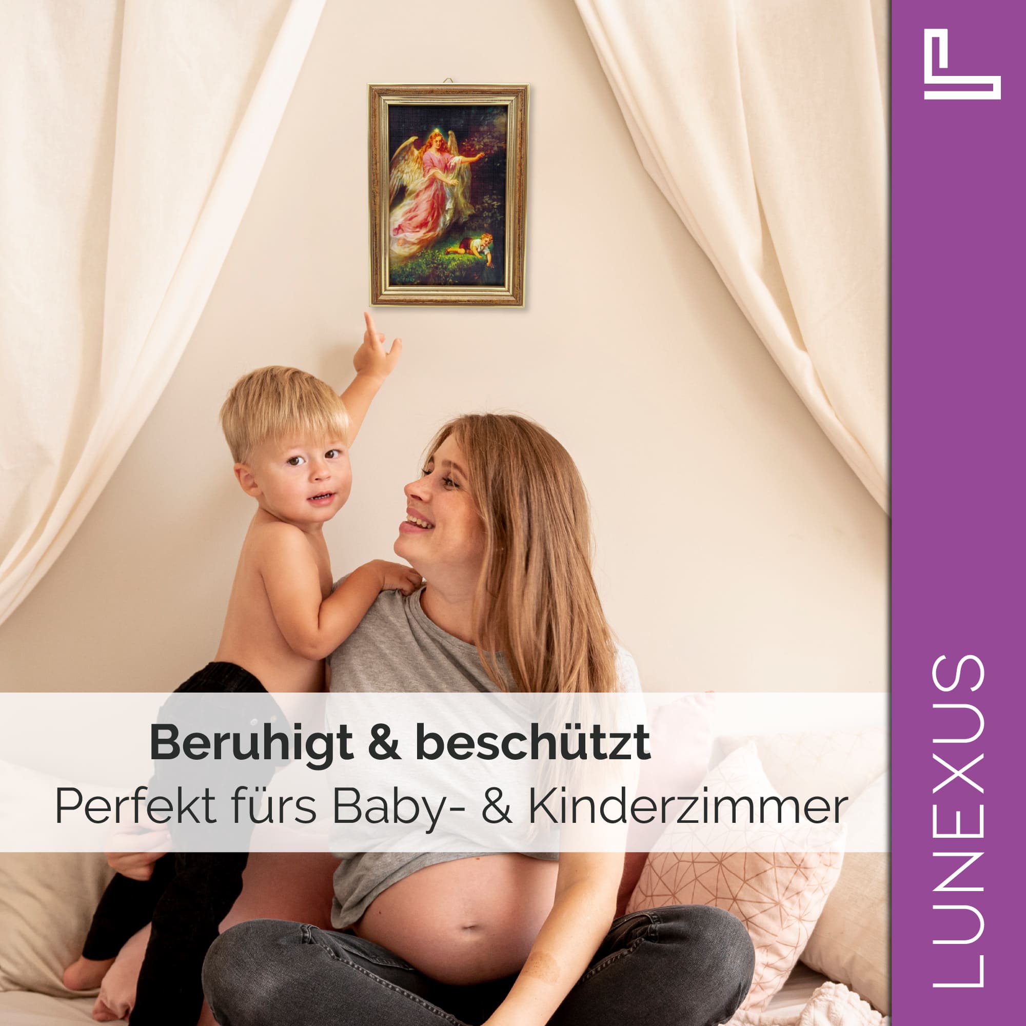 Schutzengelbild 12×17 cm – Motiv „Engel bewahrt Kind“ - LUNEXUS