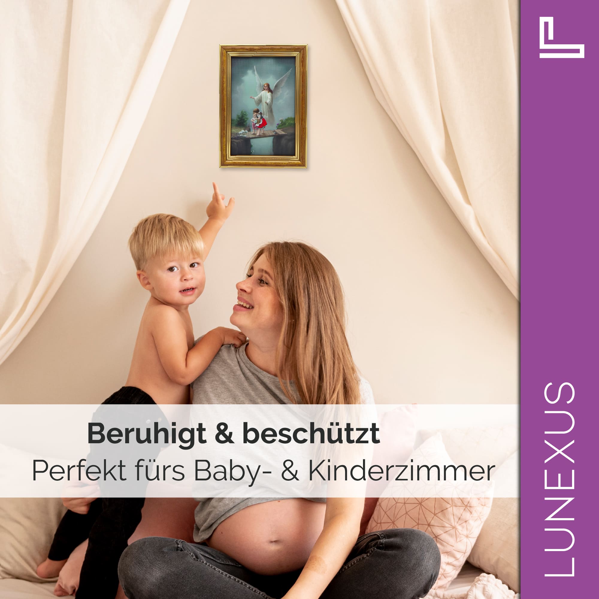 Schutzengelbild 12×17 cm – Motiv „Engel behütet zwei Mädchen auf Brücke“ - LUNEXUS