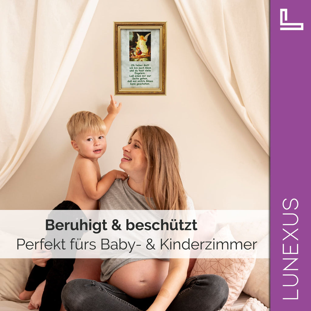 Schutzengelbild 12×17 cm – Motiv „Engel führt Kinder über Brücke + Kindergebet“ - LUNEXUS