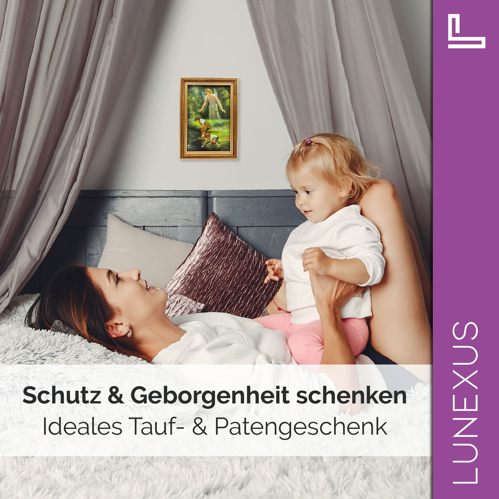 Schutzengelbild 12×17 cm – klassisches Motiv mit Kindern & Bach - LUNEXUS