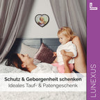 Schutzengelbild Herzform 14×15,5 cm – betendes Kind mit Rosenkranz - LUNEXUS
