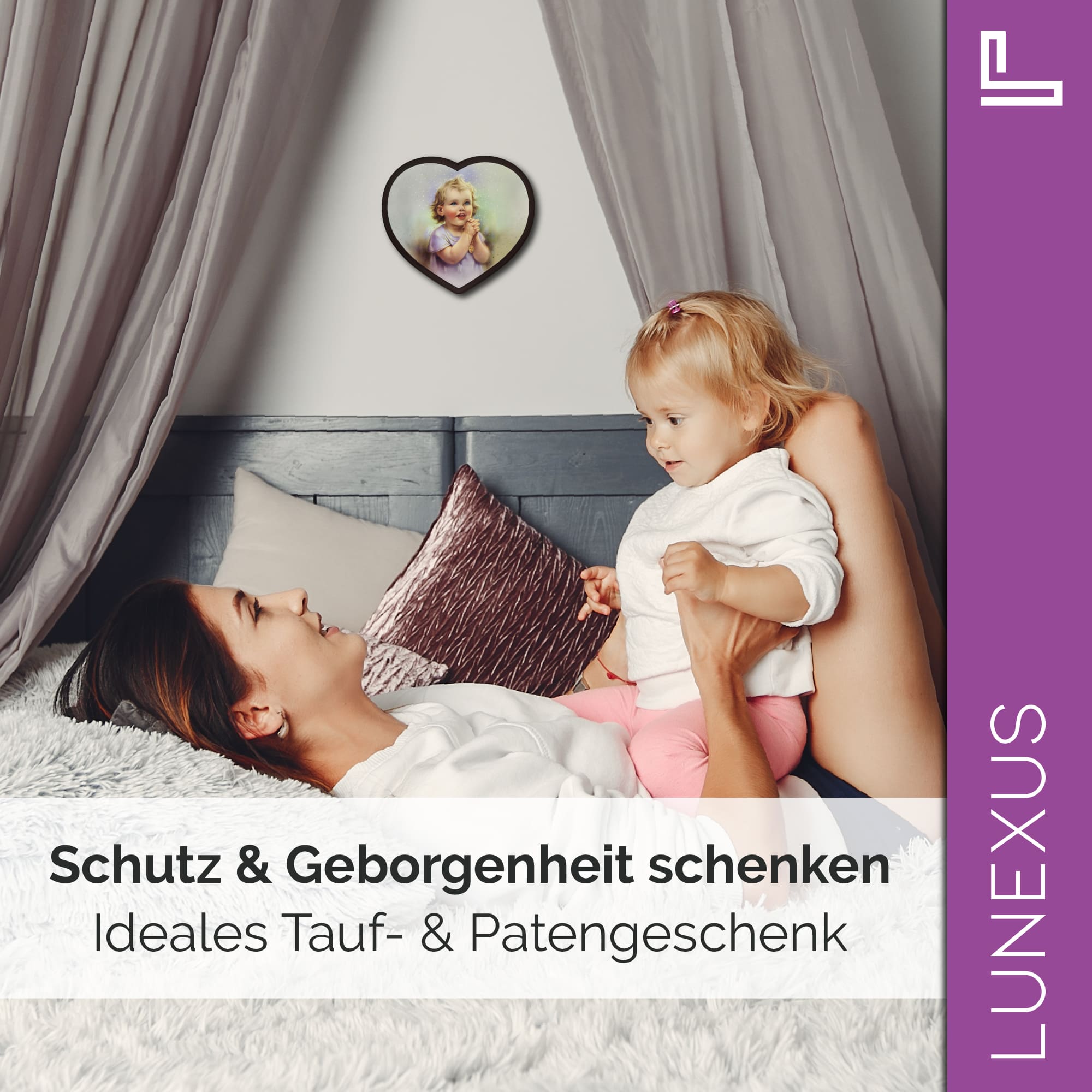 Schutzengelbild Herzform 14×15,5 cm – betendes Kind mit Rosenkranz - LUNEXUS