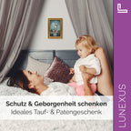 Schutzengelbild 12×17 cm – Motiv „Engel behütet zwei Mädchen auf Brücke“ - LUNEXUS