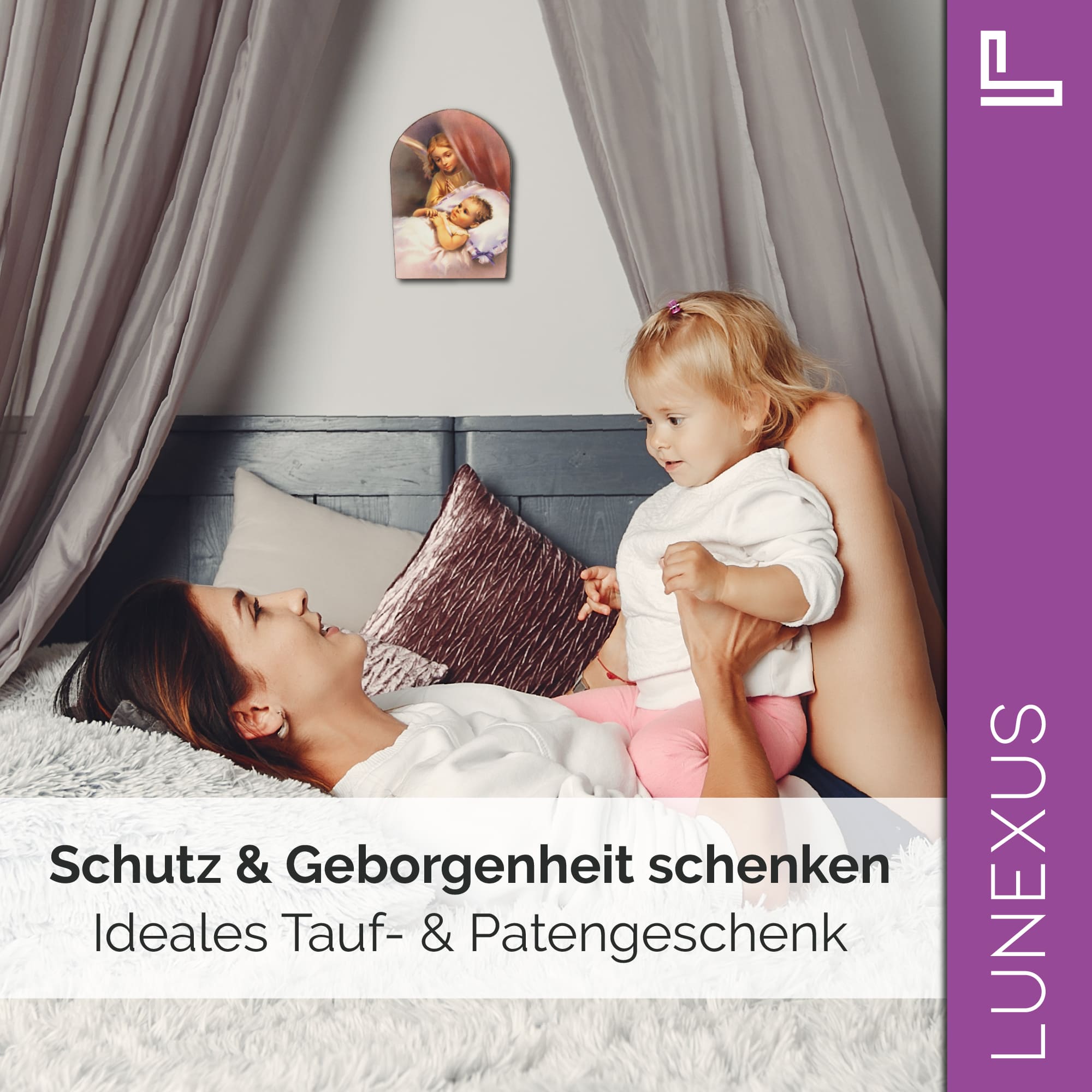 Schutzengelbild 13,5×8,5 cm – Engel wacht über schlafendes Baby - LUNEXUS