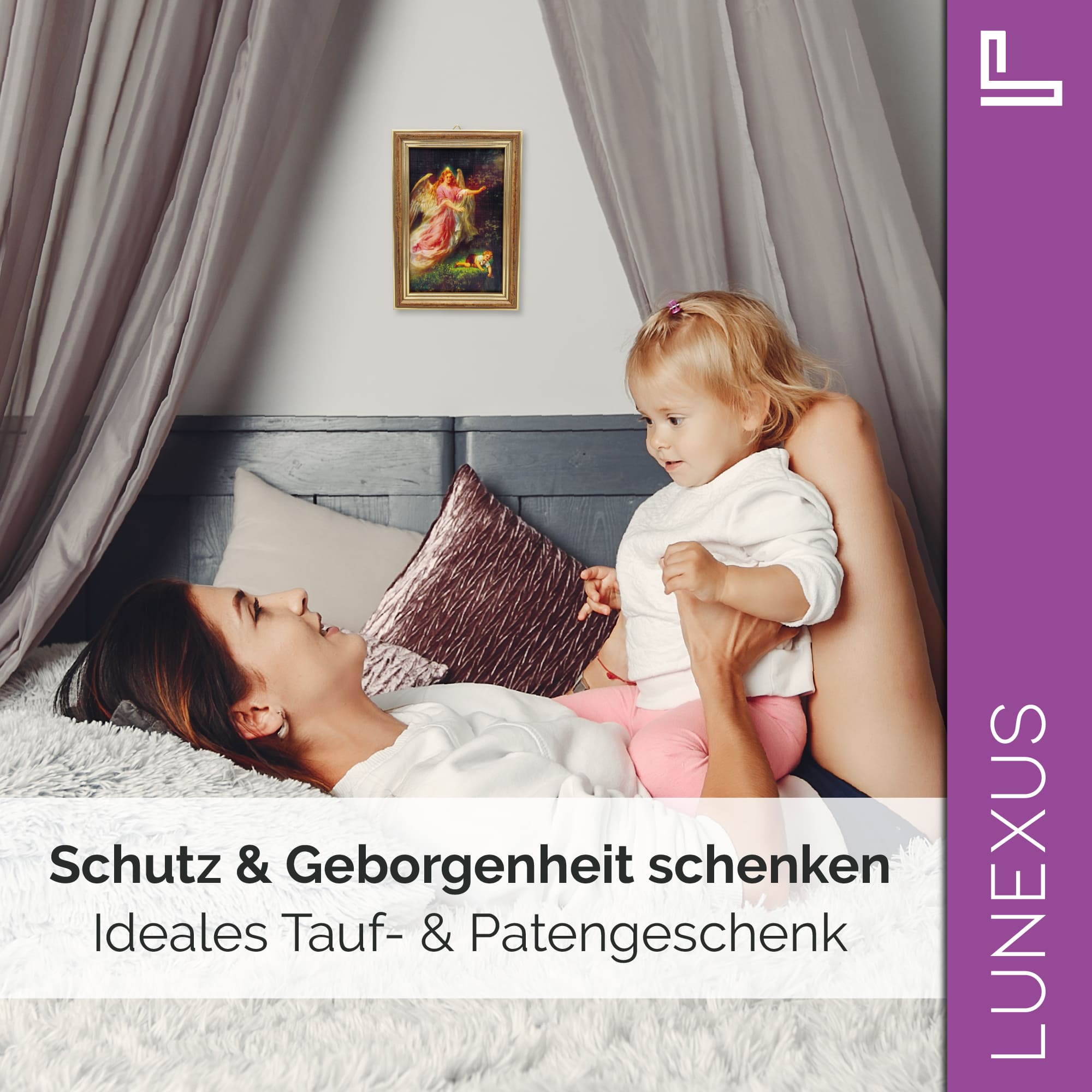 Schutzengelbild 12×17 cm – Motiv „Engel bewahrt Kind“ - LUNEXUS