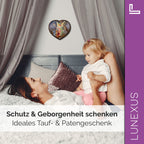 Schutzengelbild Herzform 14×15,5 cm – Engel führt Kinder über Brücke - LUNEXUS