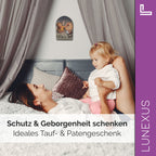 Schutzengelbild 13,5×8,5 cm – Engel mit Laterne über Kind - LUNEXUS