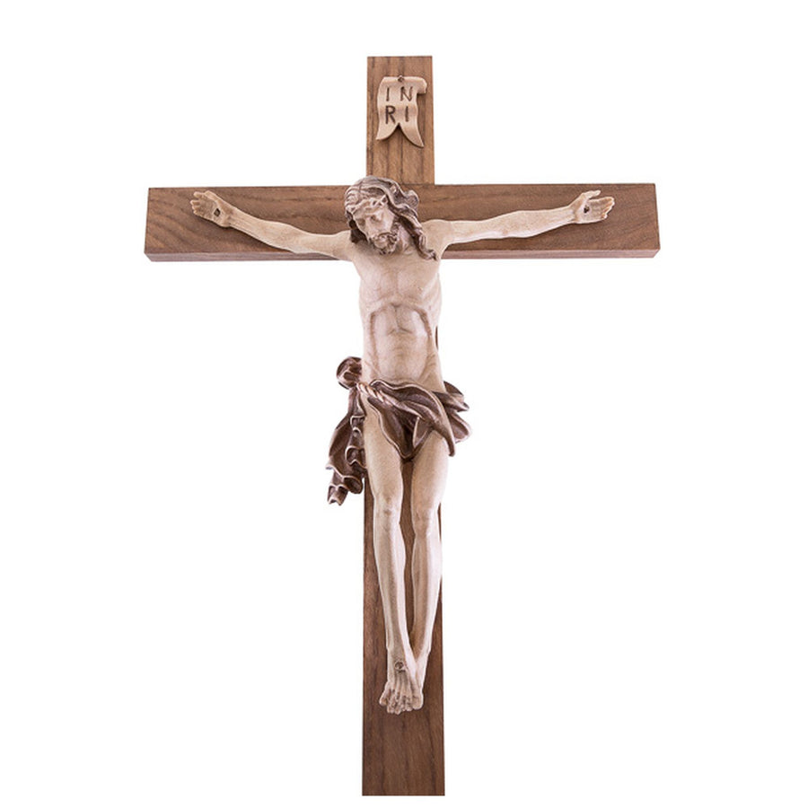 Crocifisso boemo – croce in legno scolpita a mano, finitura velata a colori
