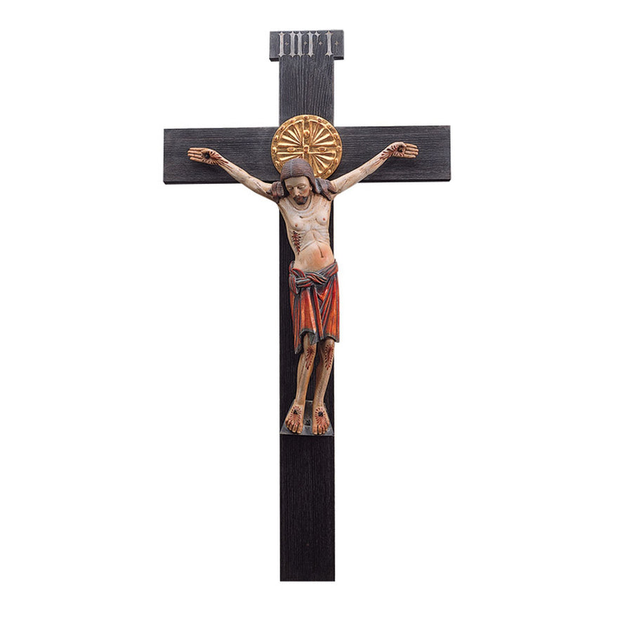 Romanesque crucifix – hand-carved wooden cross from South Tyrol, antique genuine gold leaf finish