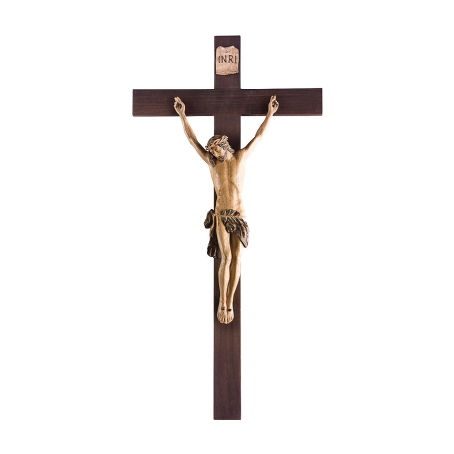 Paimpont crucifix – hand-carved wooden cross from South Tyrol, multicolour stained finish