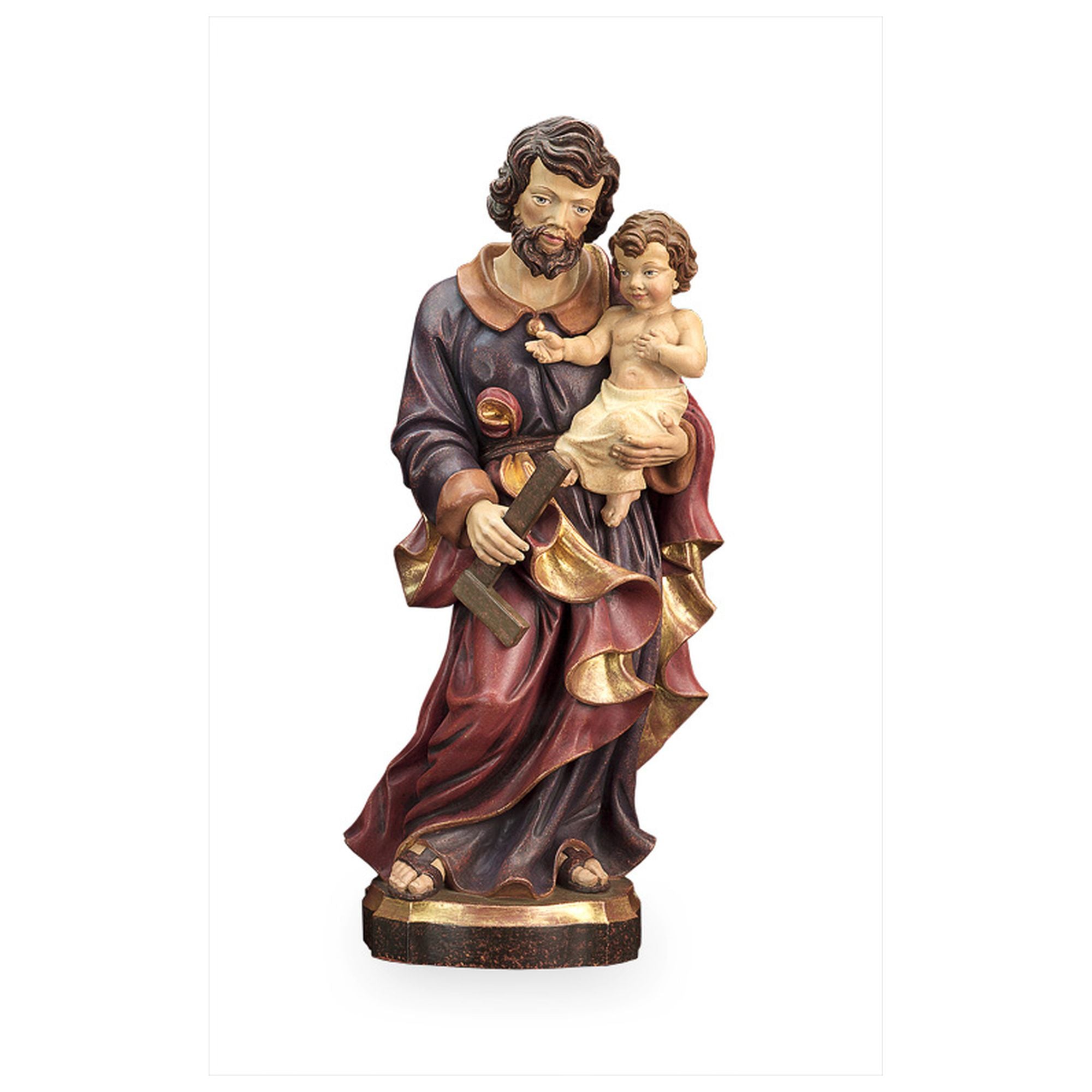 Hl. Josef mit Kind und Winkel echt Gold – handgeschnitzt in Südtirol