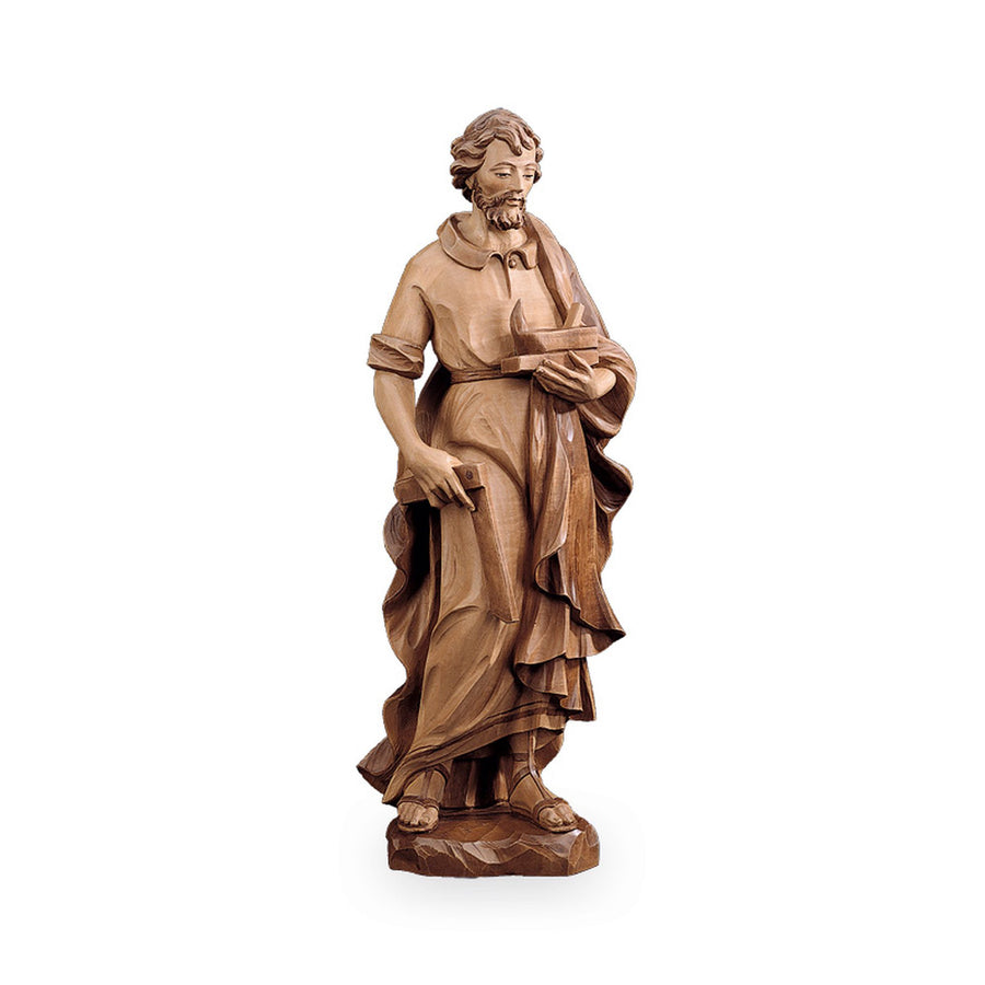 Saint Joseph travailleur – statue en bois sculptée à la main, finition teintée polychrome