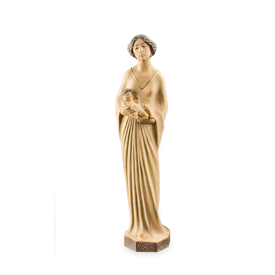 Mutter mit Kind im Jugendstil, weißes Kleid – handgeschnitzte Holzfigur aus Südtirol, Ausführung mehrfarbig gebeizt
