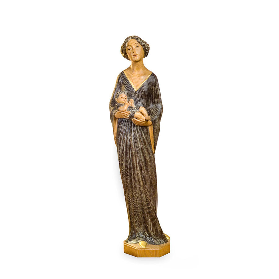 Mutter mit Kind im Jugendstil – handgeschnitzte Holzfigur aus Südtirol, Ausführung mehrfarbig gebeizt