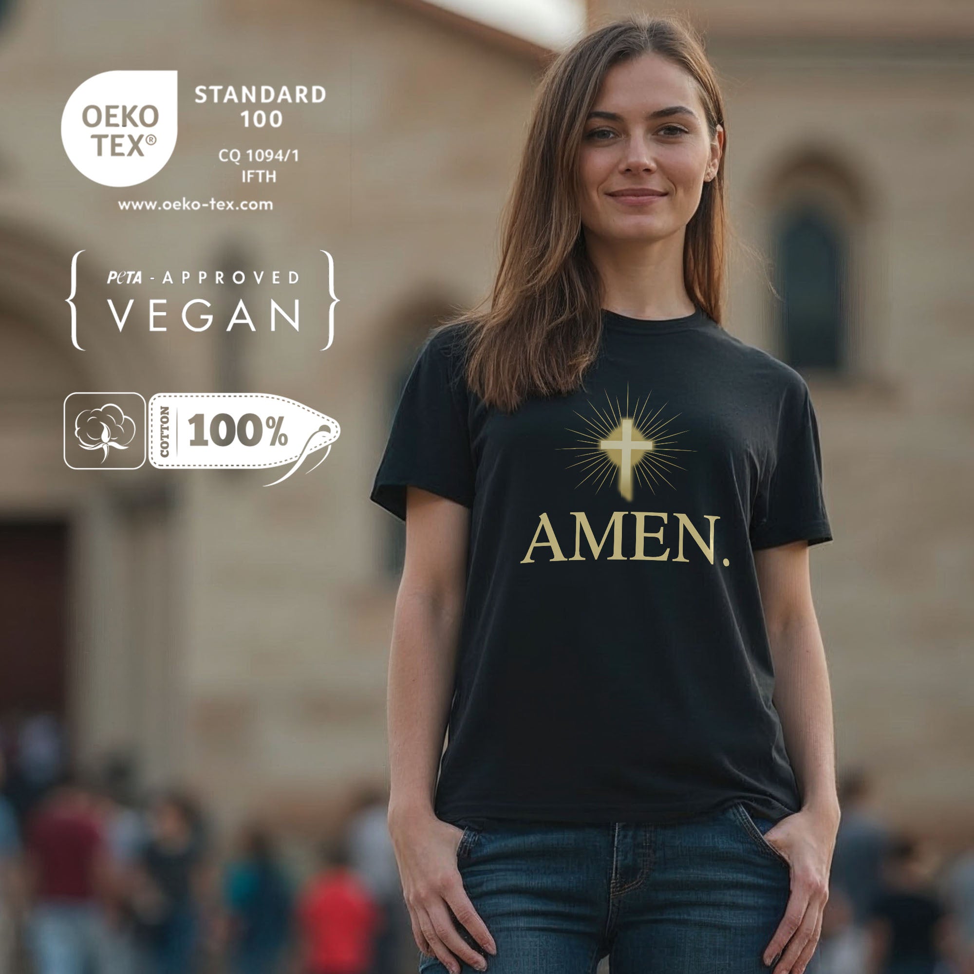 Frau trägt Amen T-Shirt in Schwarz mit goldfarbenem Kreuzmotiv – modernes Glaubensshirt für Damen