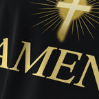 Detailaufnahme des goldfarbenen DTF-Drucks beim Amen Damen T-Shirt – nachhaltige Produktion in Deutschland