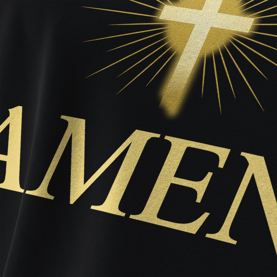 Vue détaillée de l'impression DTF dorée du t-shirt femme « Amen » – production durable en Allemagne