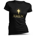 Amen Damen T-Shirt in Schwarz mit goldenem Kreuz und Schriftzug – christliches Glaubensshirt aus Baumwolle