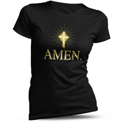 Camiseta de mujer Amén en negro con cruz dorada y texto – camiseta de fe cristiana de algodón