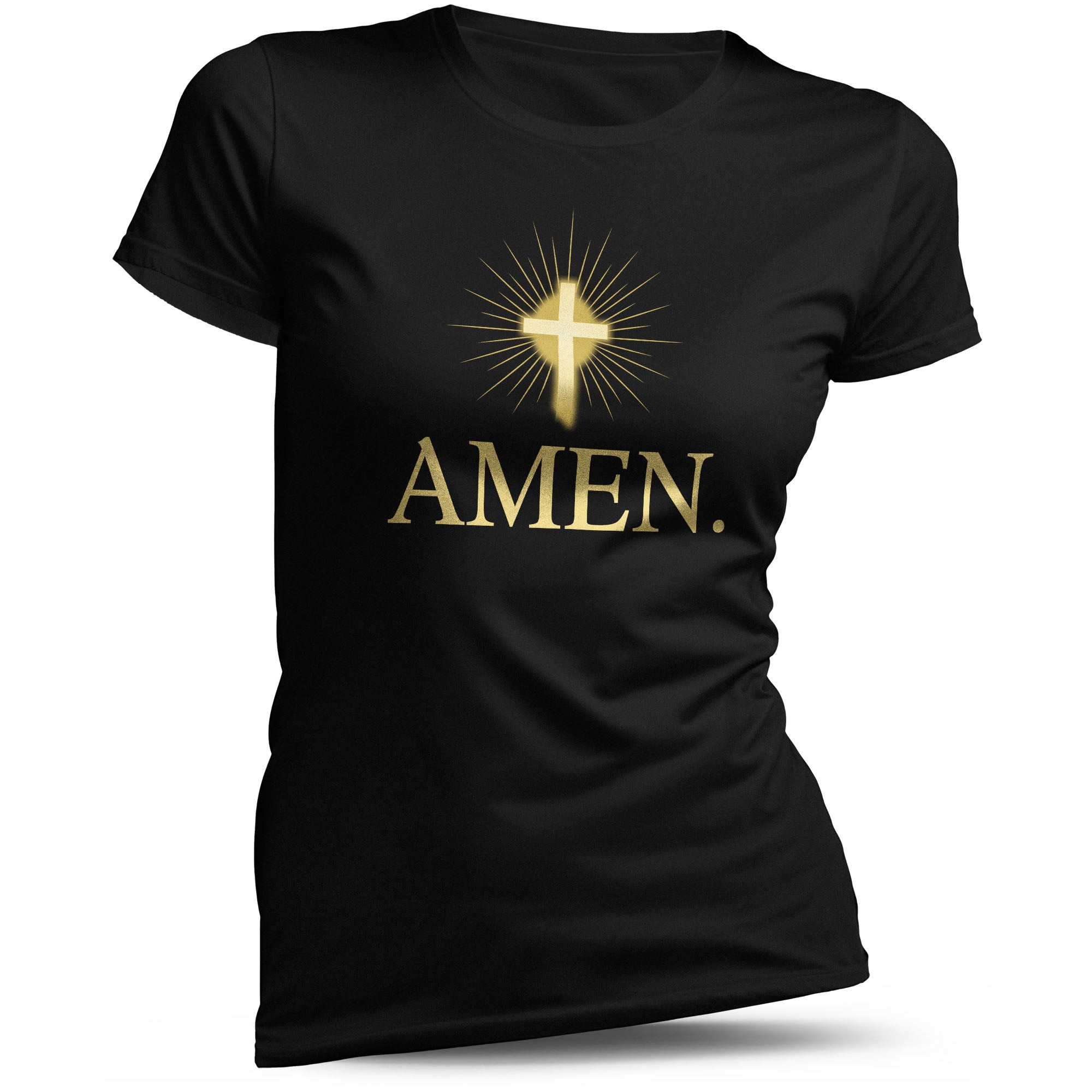 Amen Damen T-Shirt in Schwarz mit goldenem Kreuz und Schriftzug – christliches Glaubensshirt aus Baumwolle