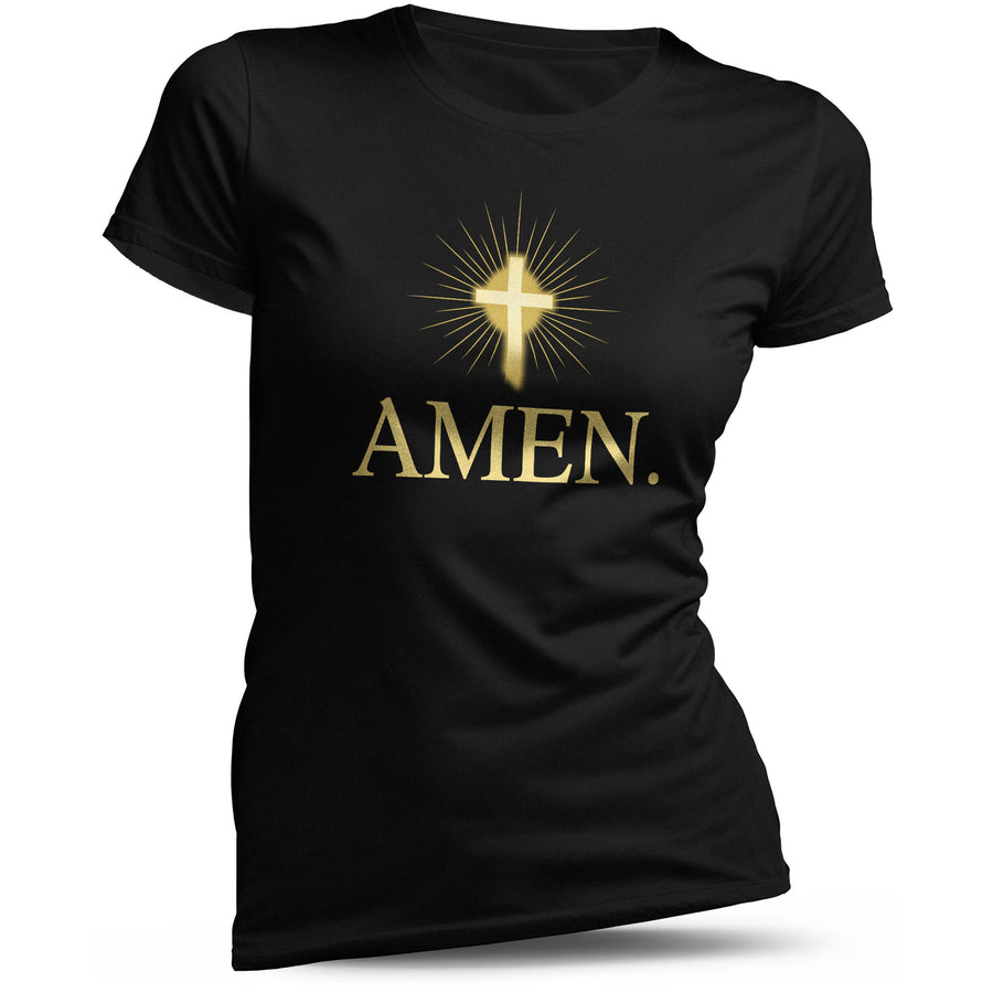 T-shirt chrétien femme « Amen » noir avec croix dorée et inscription – en coton