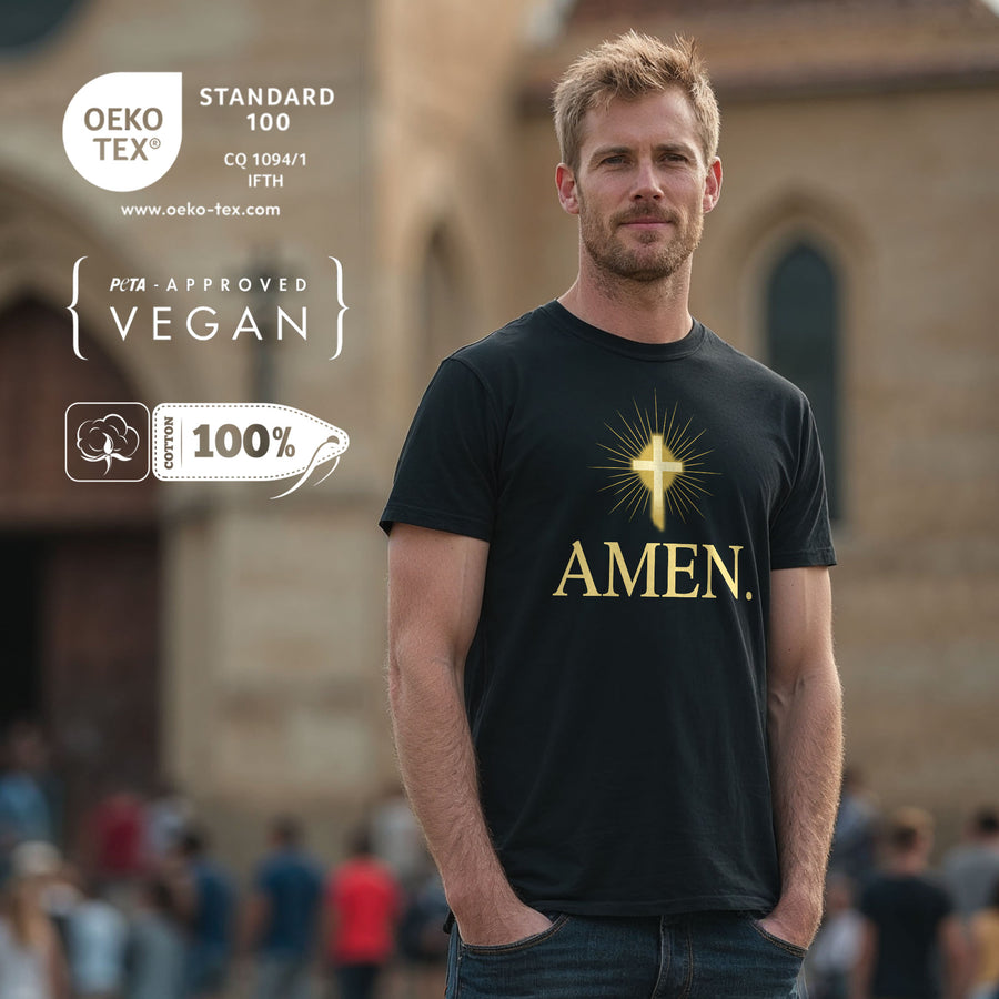 Uomo con t-shirt Amen nera con motivo di croce color oro – moderna maglietta di fede da uomo