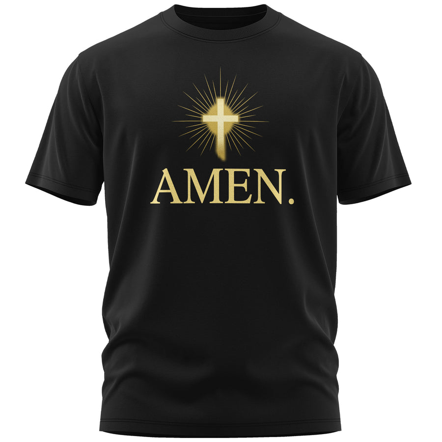 T-shirt Amen da uomo nera con croce dorata e scritta – maglietta di fede cristiana in cotone