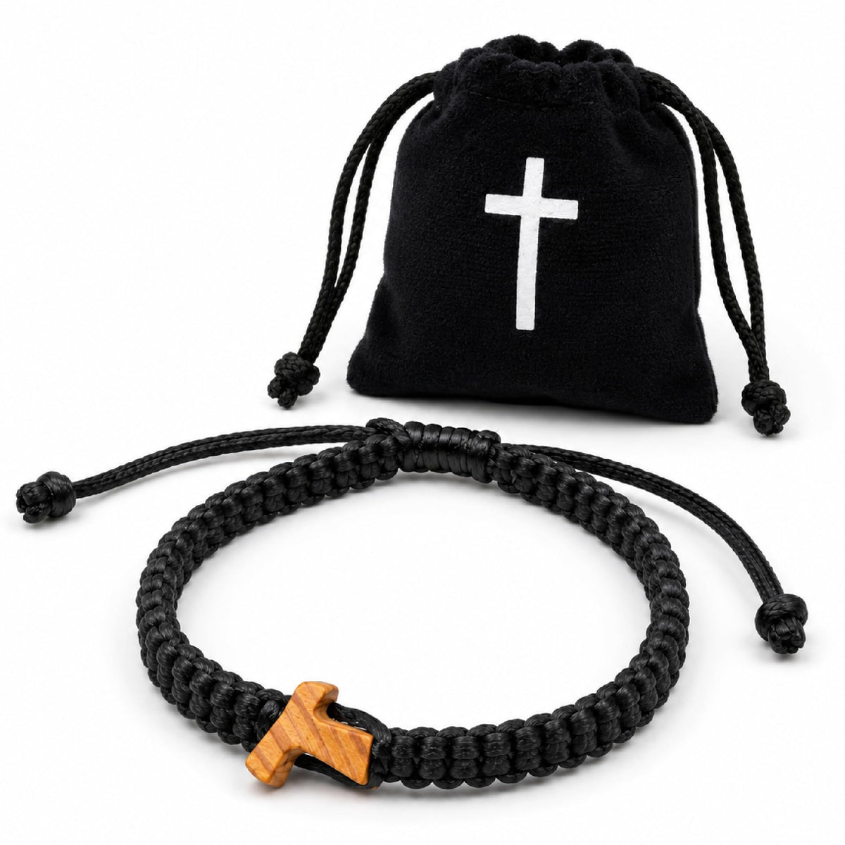 Bracciale con croce in legno, paracord 14–20 cm regolabile – benedetto (nero) – vista del prodotto