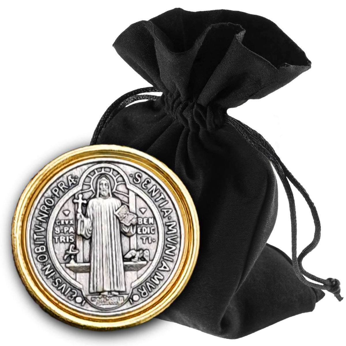 Medalla San Benito para coche borde dorado Ø 3 cm – medalla bendecida e imán – vista del producto