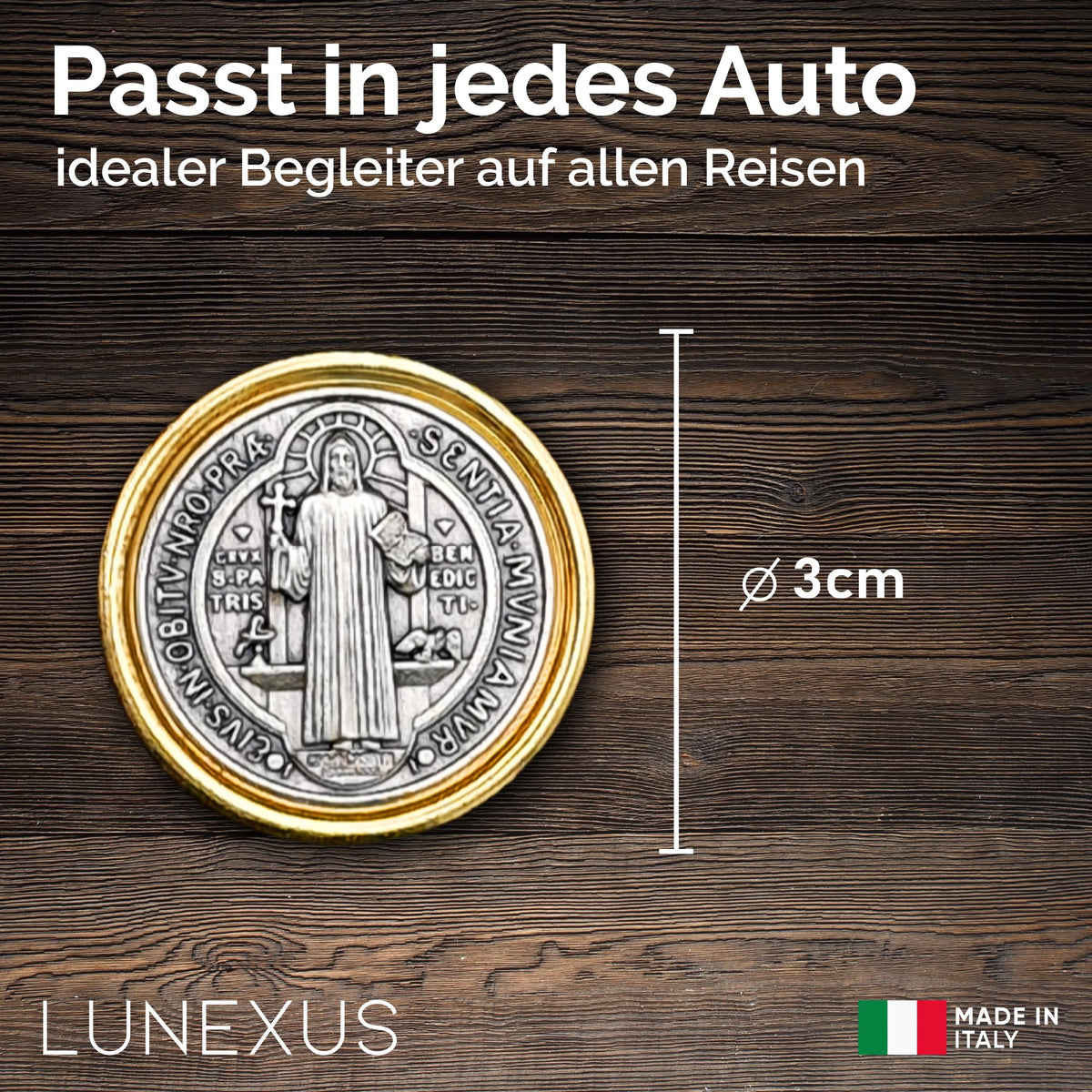 Medalla San Benito para coche borde dorado Ø 3 cm – medalla bendecida e imán – vista 2