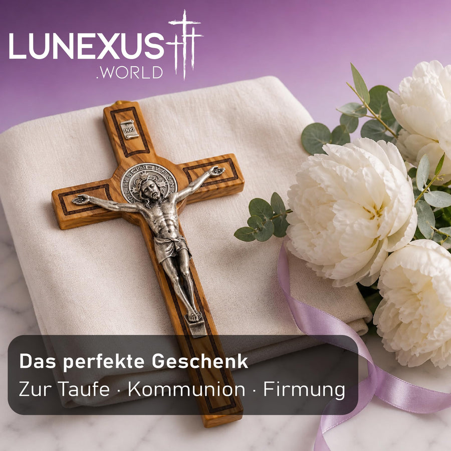 St Benedict crucifix olive wood 28×15 cm with INRI – blessed – view 6
