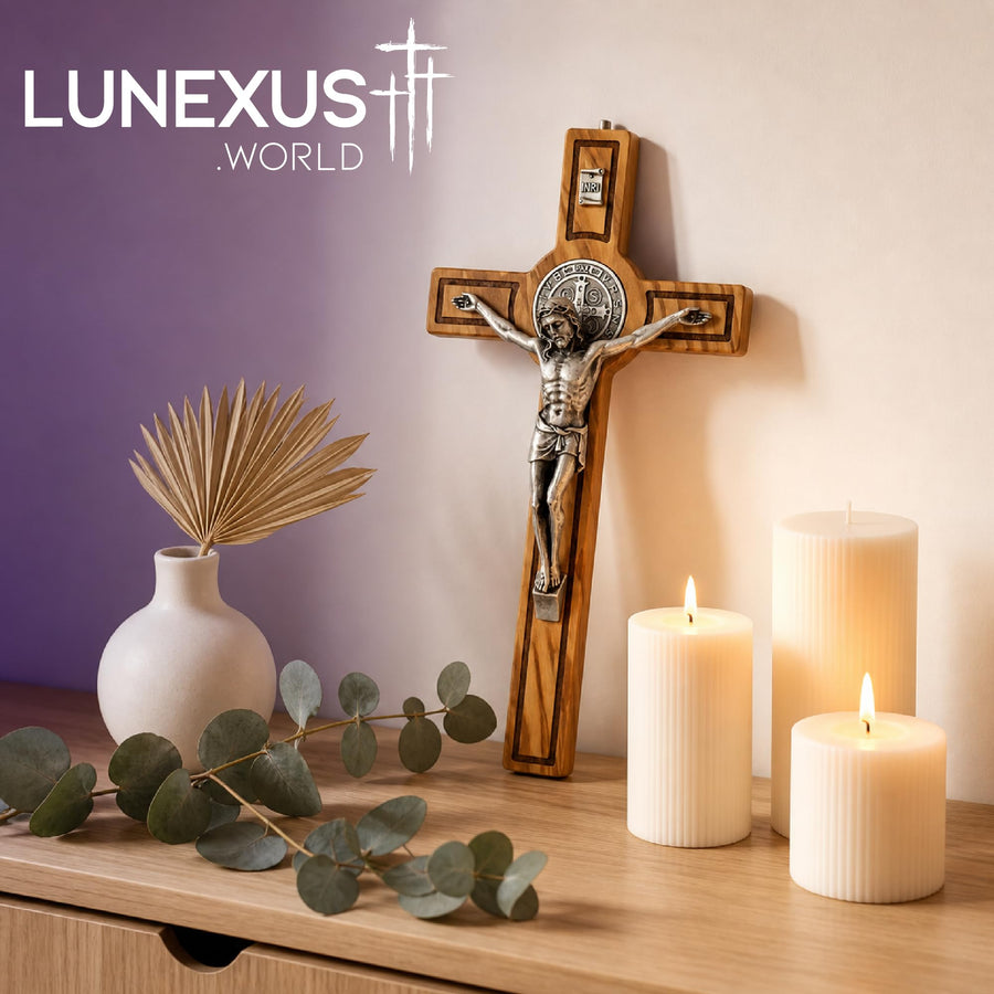 St Benedict crucifix olive wood 28×15 cm with INRI – blessed – view 7