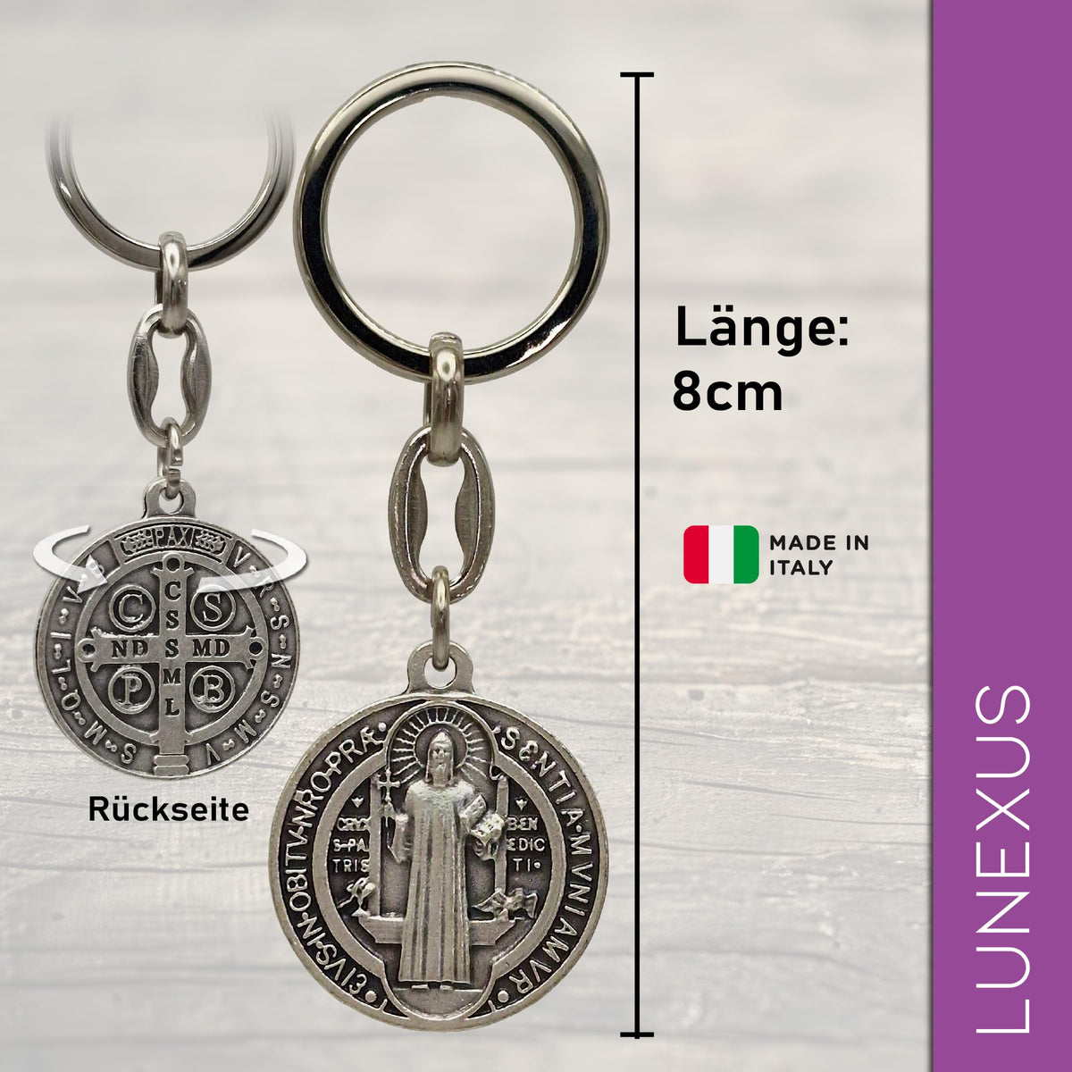 Llavero San Benito 8 cm – medalla bendecida – vista 2