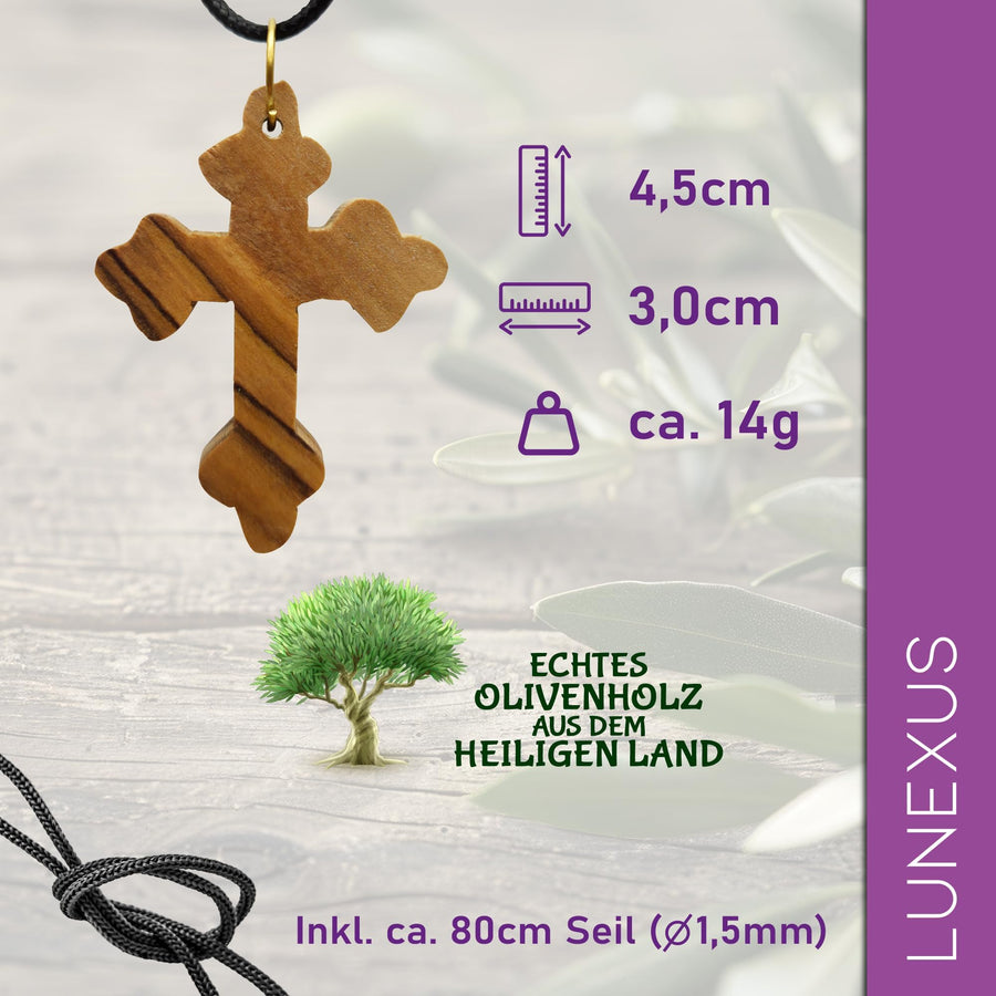 Colgante de cruz bizantina de madera de olivo de Belén con bolsita de terciopelo – vista 2