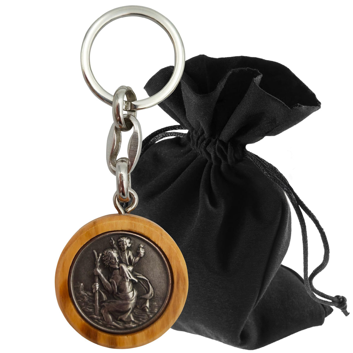 St Christopher Keyring 8.5 cm – Olive Wood & Metal – product view