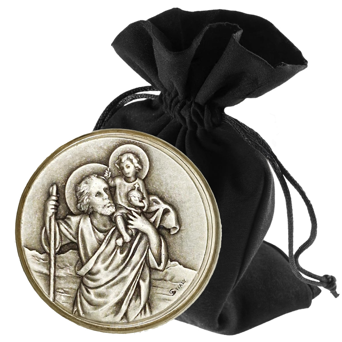 St Christopher Medal Antique Look Ø 3.6 cm – Blessed & Magnet – front with velvet pouch