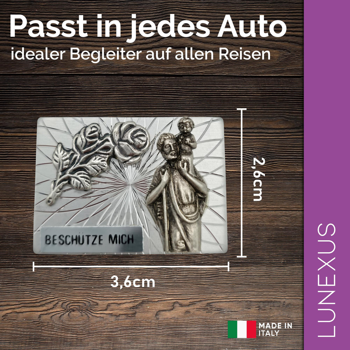 Placa San Cristóbal «Beschütze mich» 3,6 × 2,6 cm – bendecida – vista 2